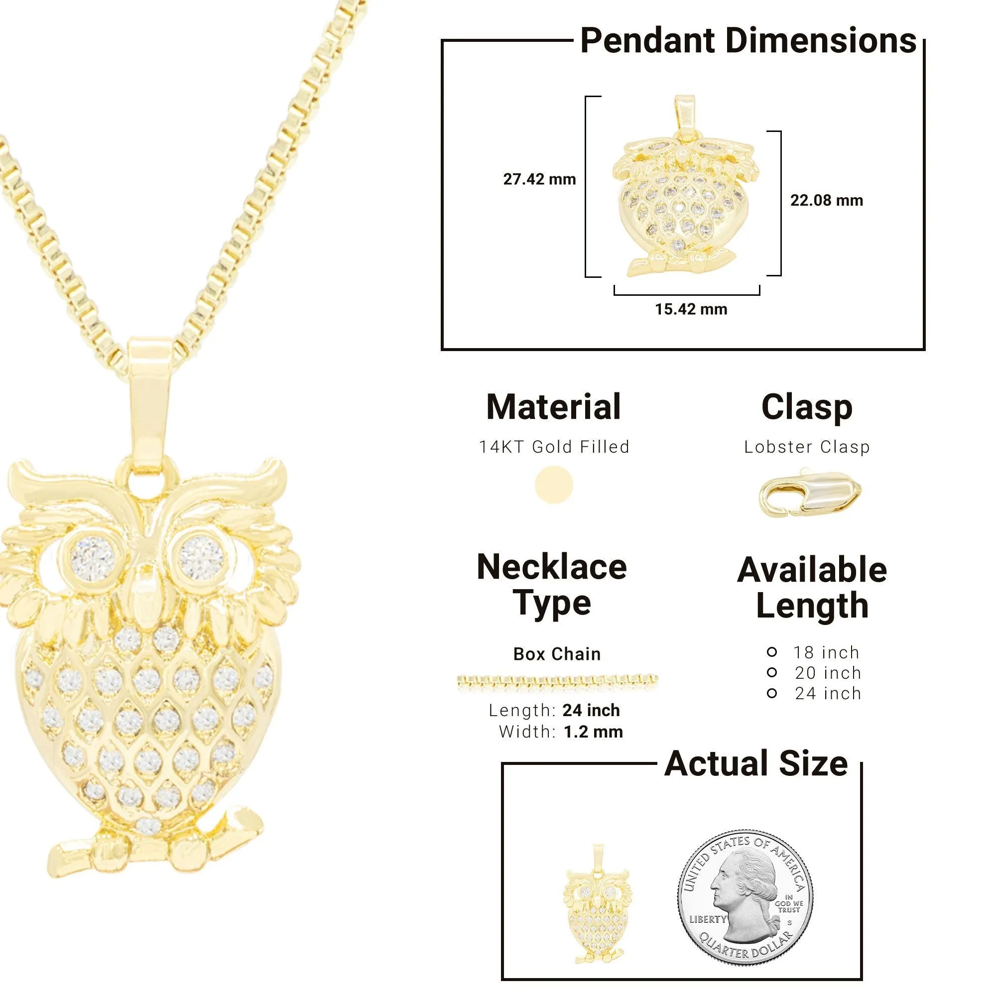 Owl Cubic Zirconia Pendant With Necklace Set 14K Gold Filled