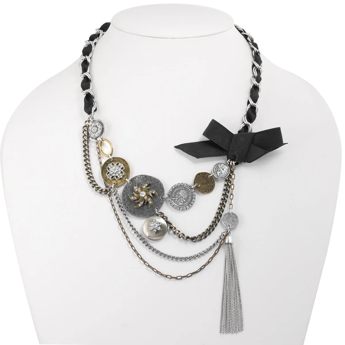 OXIDIZED SILVER AND GOLD CRYSTSAL COIN BLACK BOW  NECKLACES #273GS1101 (7C2/7D4)