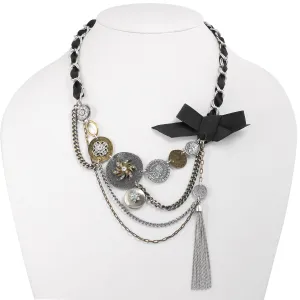 OXIDIZED SILVER AND GOLD CRYSTSAL COIN BLACK BOW  NECKLACES #273GS1101 (7C2/7D4)