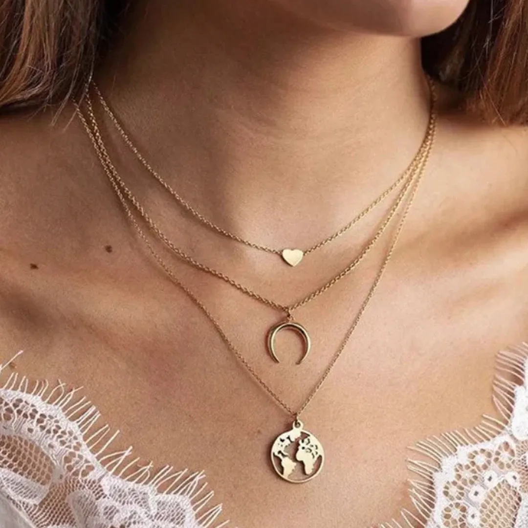 Pack Of 2 Layered Butterfly Half Moon and Earth Pendant