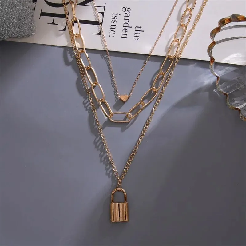 Pack of 2 Layered Heart Lock Blue Butterfly Angel Necklace
