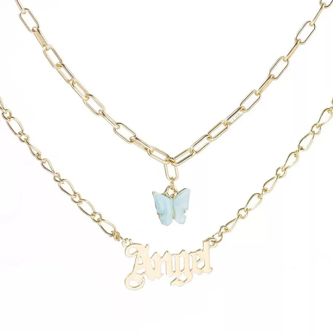 Pack of 2 Layered Heart Lock Blue Butterfly Angel Necklace