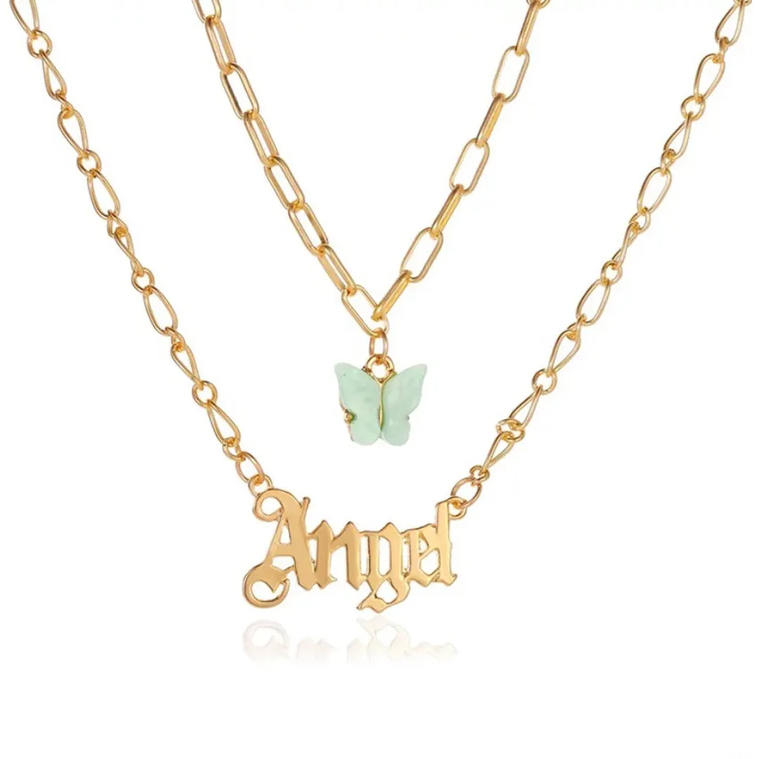Pack of 2 Layered Heart Lock Blue Butterfly Angel Necklace