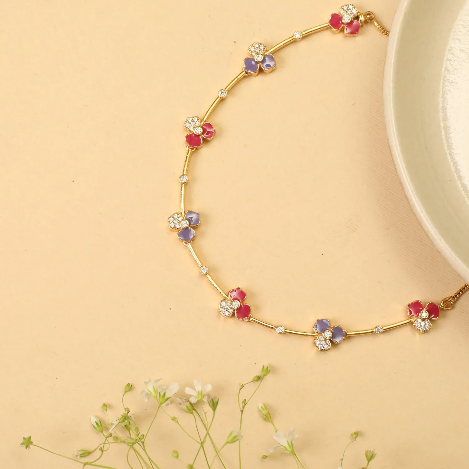 Pansy Floral CZ Statement Link Necklace