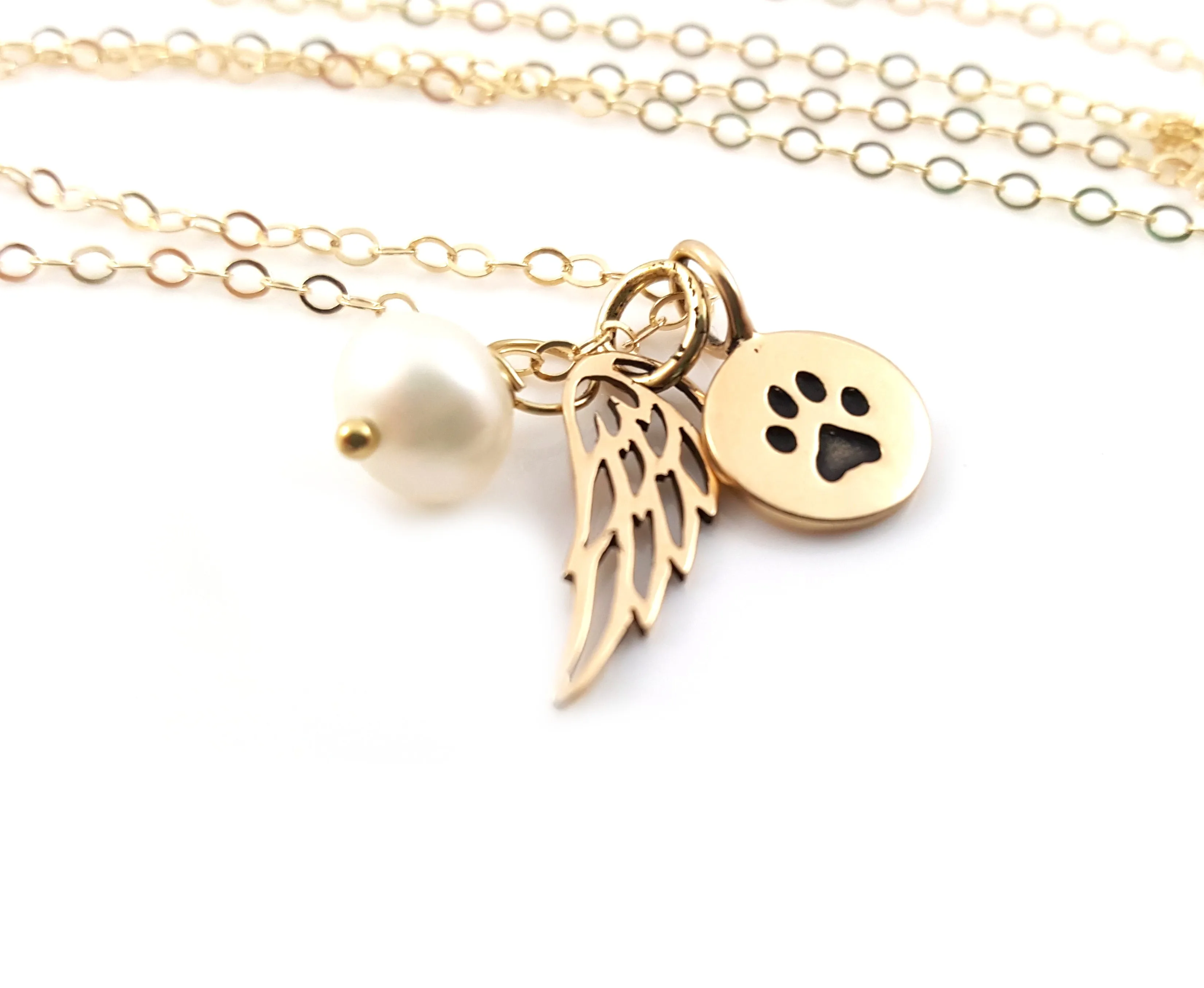 Paw Print Angel Wing Memorial Necklace - Pet Loss Necklace - 14k Gold Filled - Memorial Jewelry