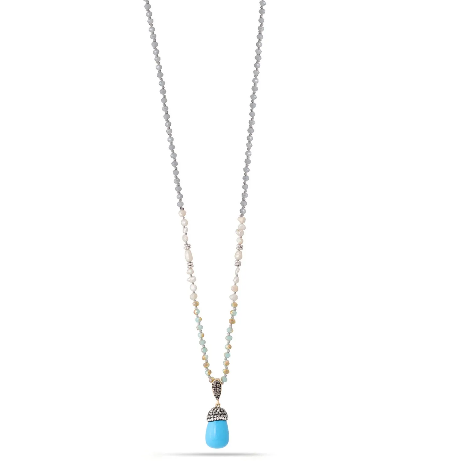 PEARL AND GREY BEADS 1.5" INCHES TURQUOISE CRYSTAL PENDANT  NECKLACES #SQN176TU (IG20)