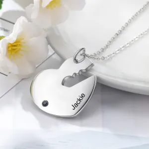 Personalized 2 Names 2 Stones Key & Heart Necklace