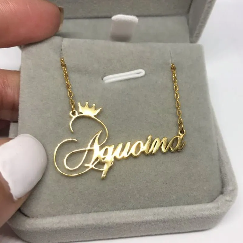 Personalized Nameplate Crown Name Necklace 14K Yellow Gold Chain Jewelry