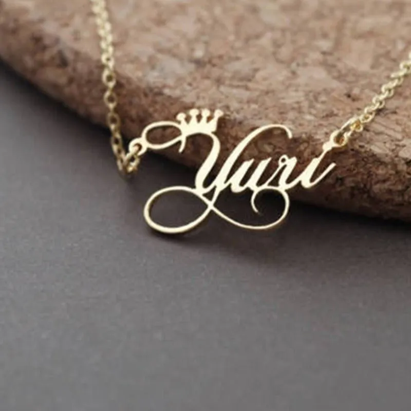 Personalized Nameplate Crown Name Necklace 14K Yellow Gold Chain Jewelry