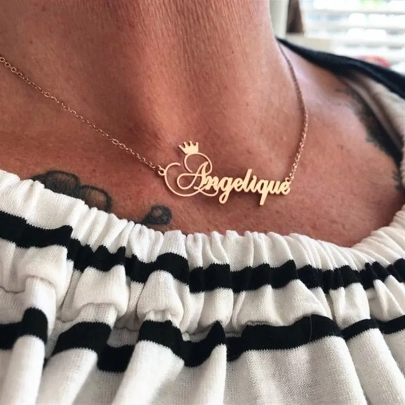 Personalized Nameplate Crown Name Necklace 14K Yellow Gold Chain Jewelry