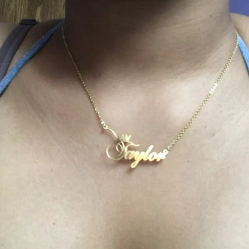Personalized Nameplate Crown Name Necklace 14K Yellow Gold Chain Jewelry