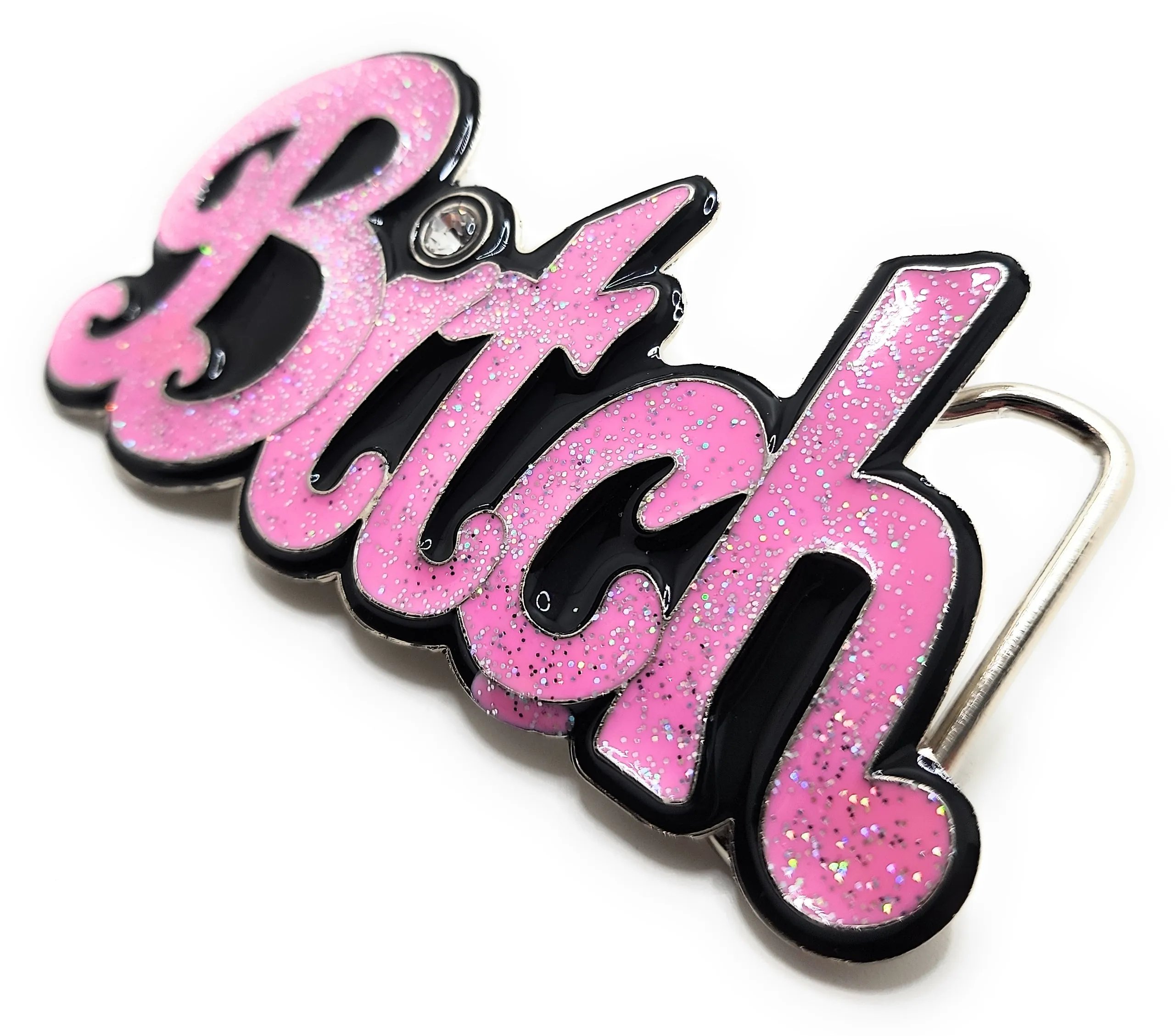 Pink BITCH Bubble Letter Belt Buckle with Rhinestone Funny