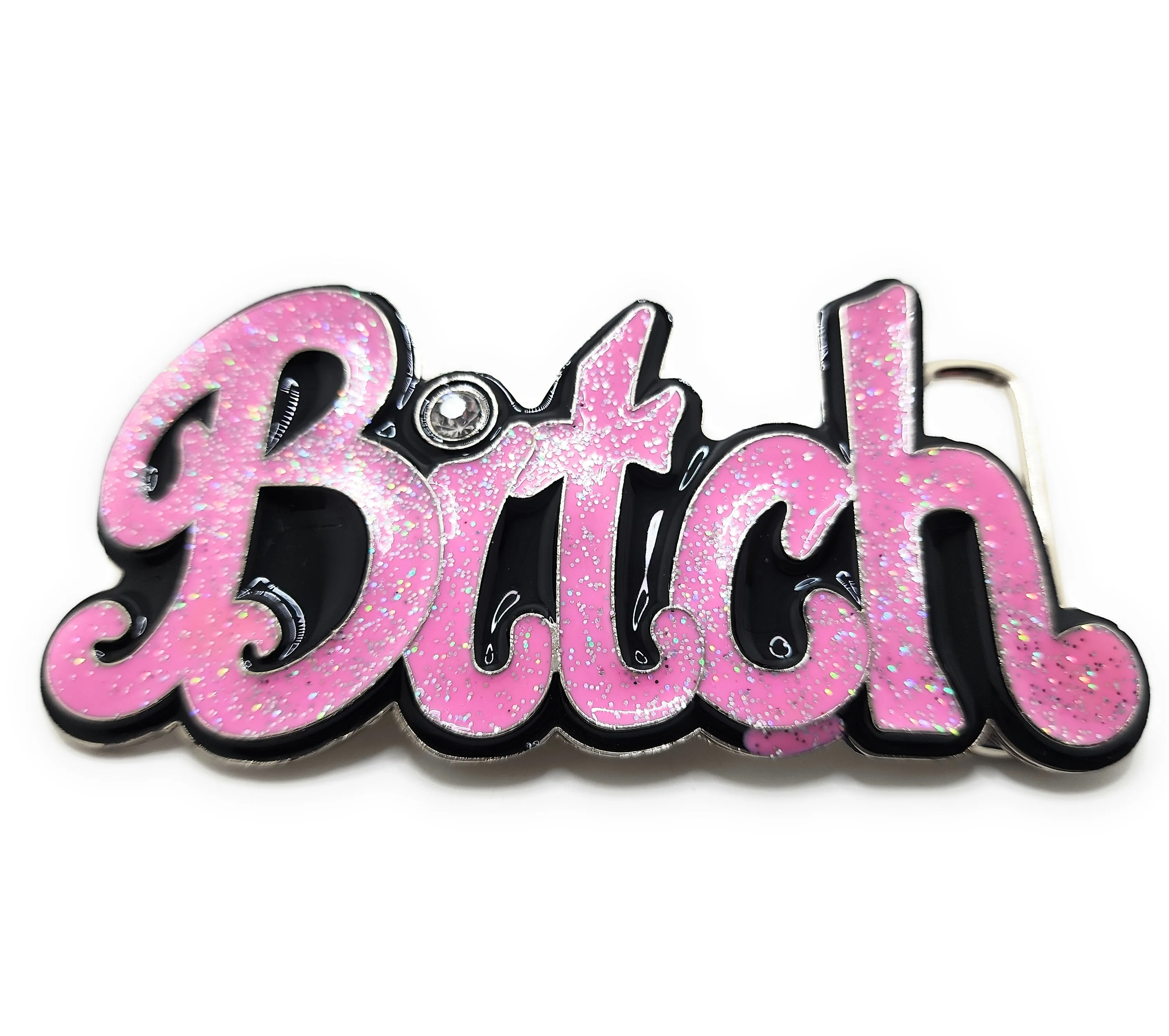 Pink BITCH Bubble Letter Belt Buckle with Rhinestone Funny