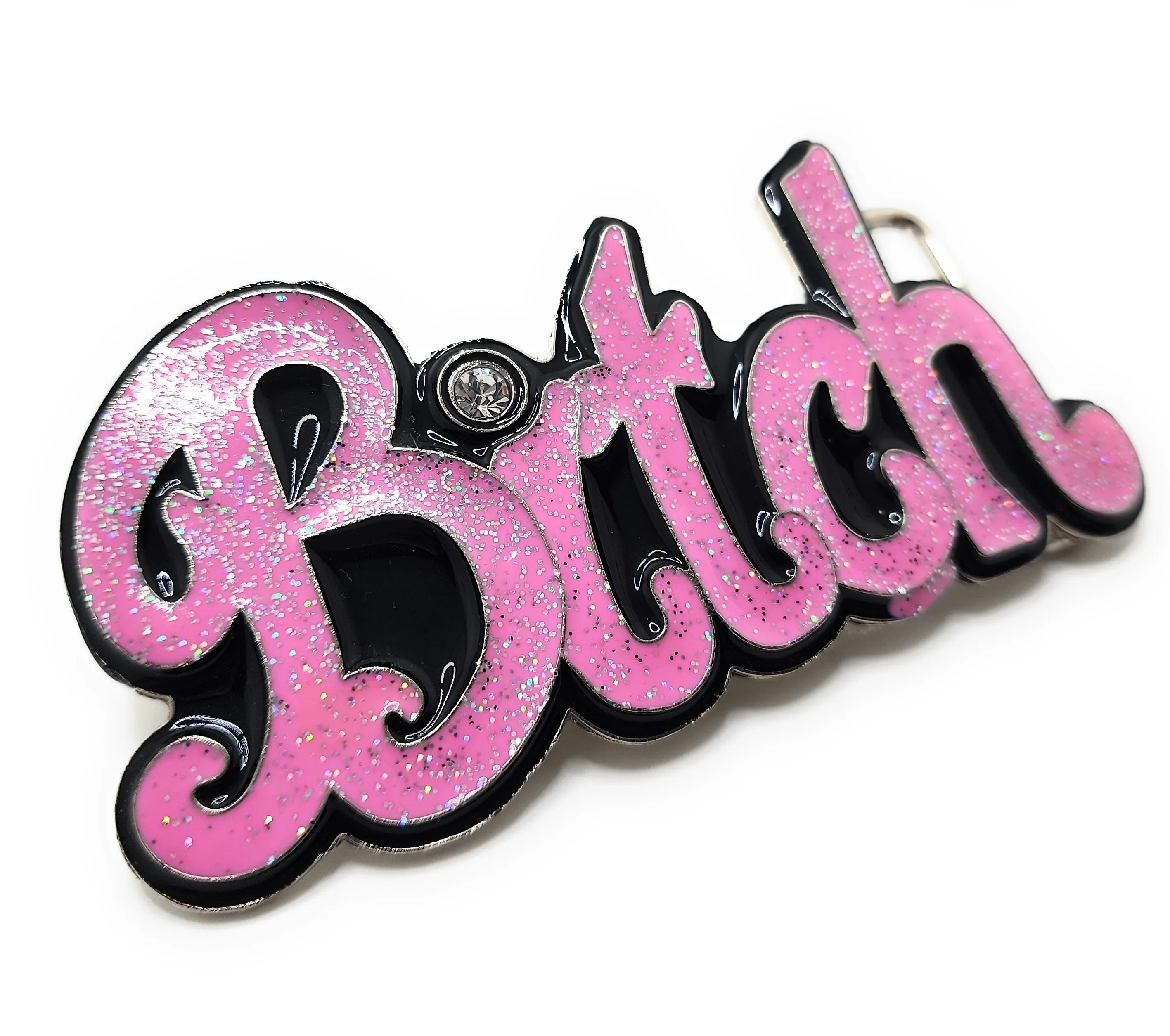 Pink BITCH Bubble Letter Belt Buckle with Rhinestone Funny