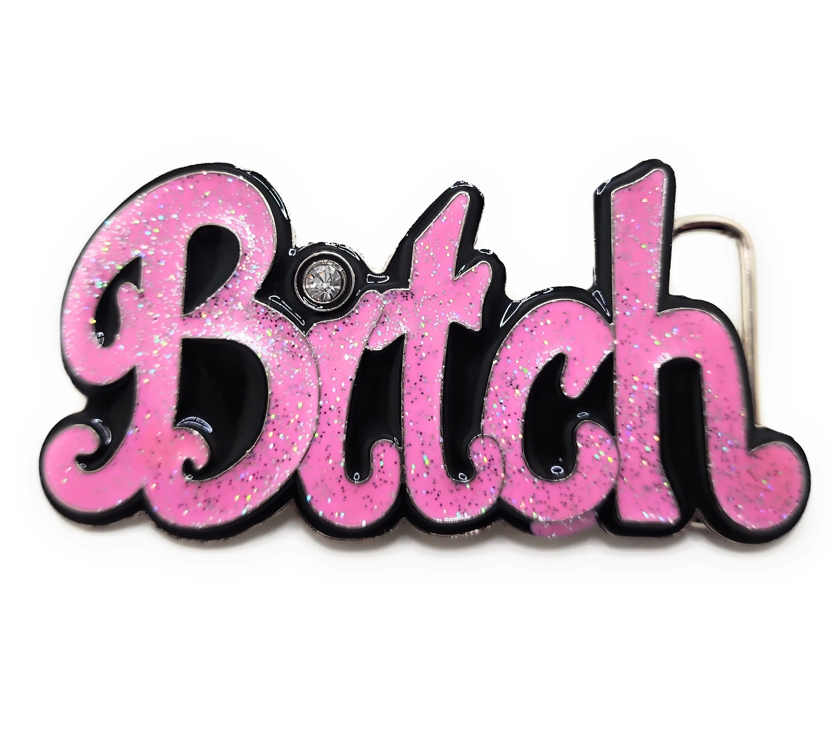 Pink BITCH Bubble Letter Belt Buckle with Rhinestone Funny