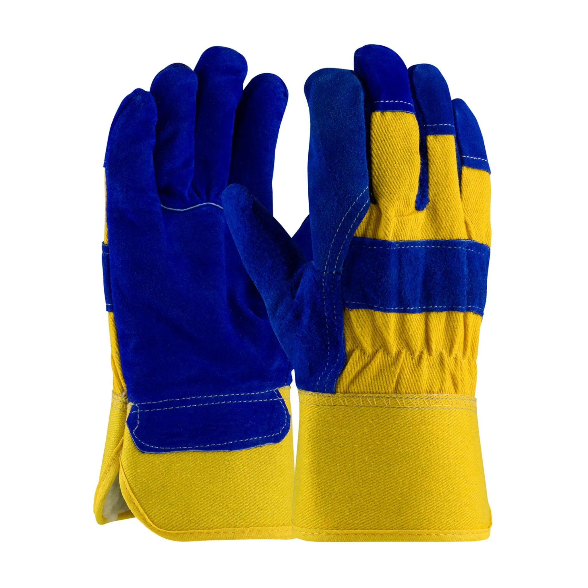 PIP 78-7863B Split Leather Palm Fabric Back & Fleece Pile Lined Glove Rubberized Safety Cuff, Yellow, Box of 12 Pairs