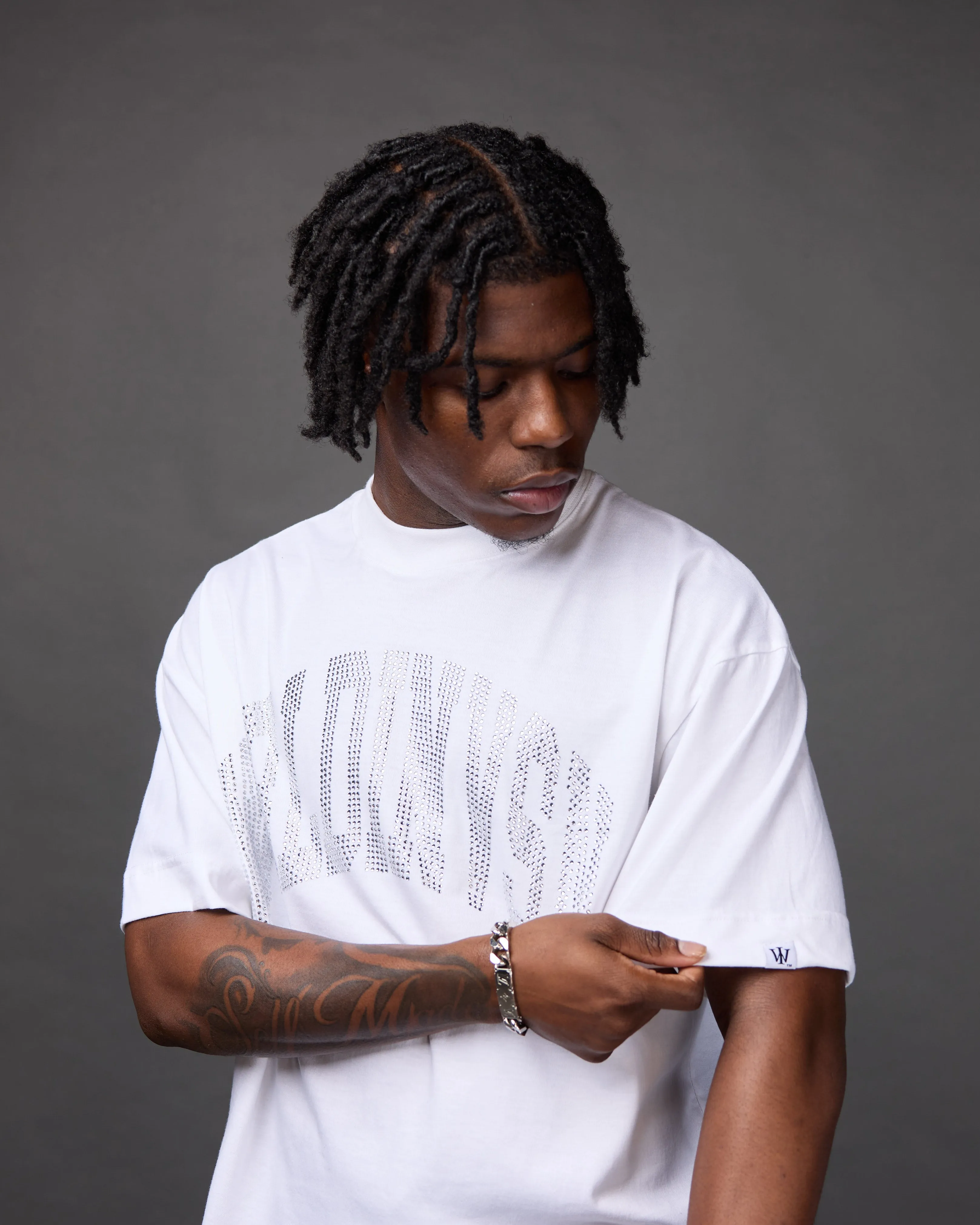 Premium “Stone” Oversized Shirt (White/Rhinestone)