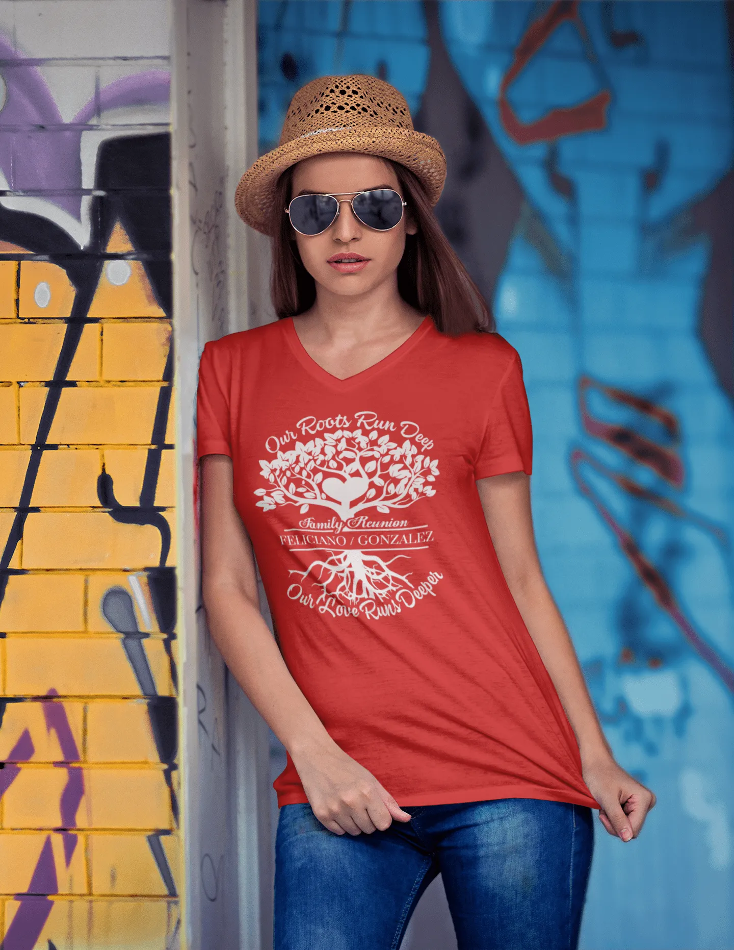 Premium Unisex V-Neck Tee Blue & Red