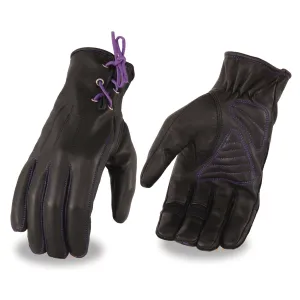 Purple MG7771 Women's 'Laced Wrist' Black and Purple Leather Gloves with Gel Palms