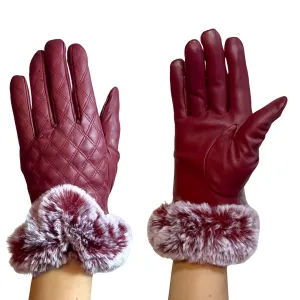 Quilted Leather Fur Gloves Maroon