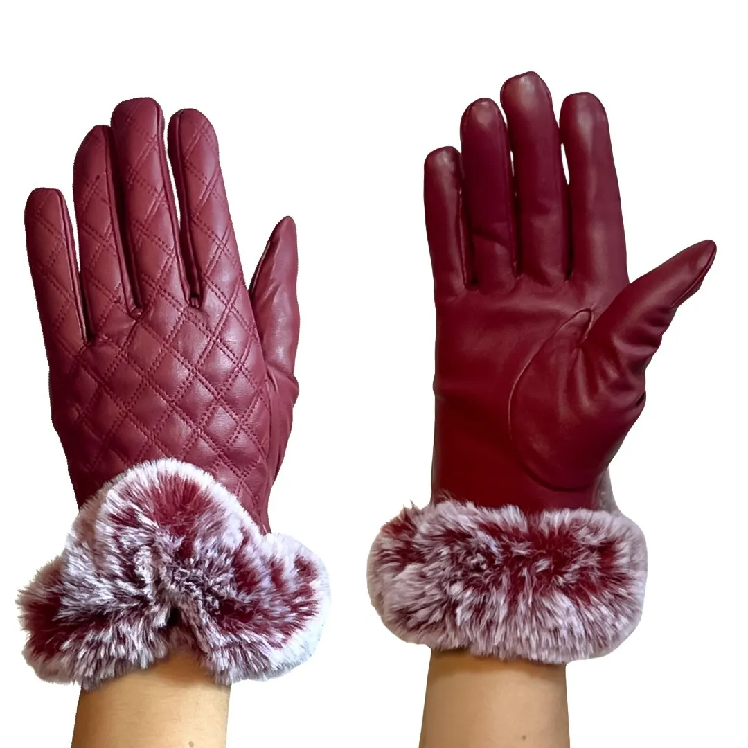 Quilted Leather Fur Gloves Maroon