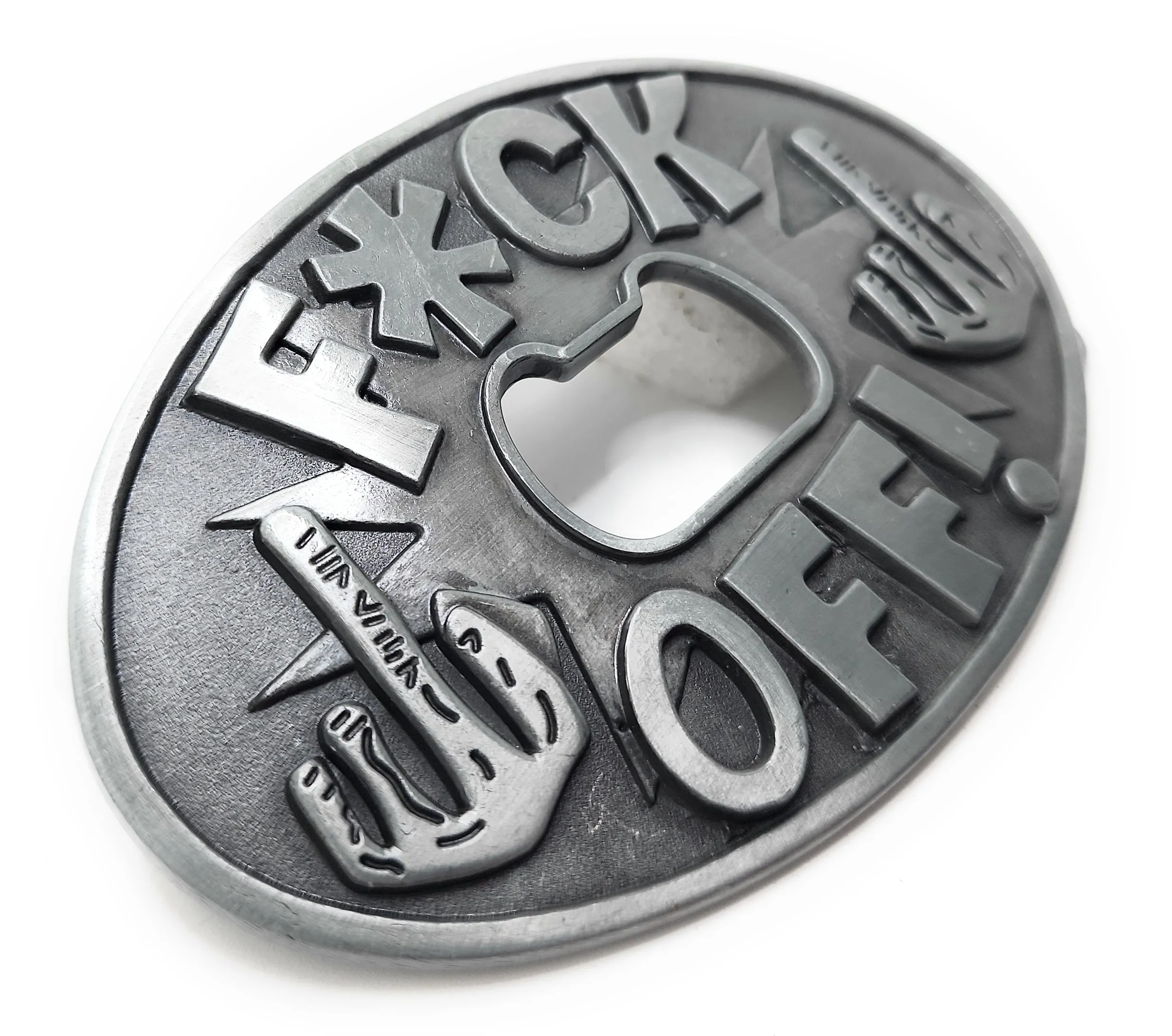 "FUCK OFF!" Middle Finger Belt Buckle Bottle Opener