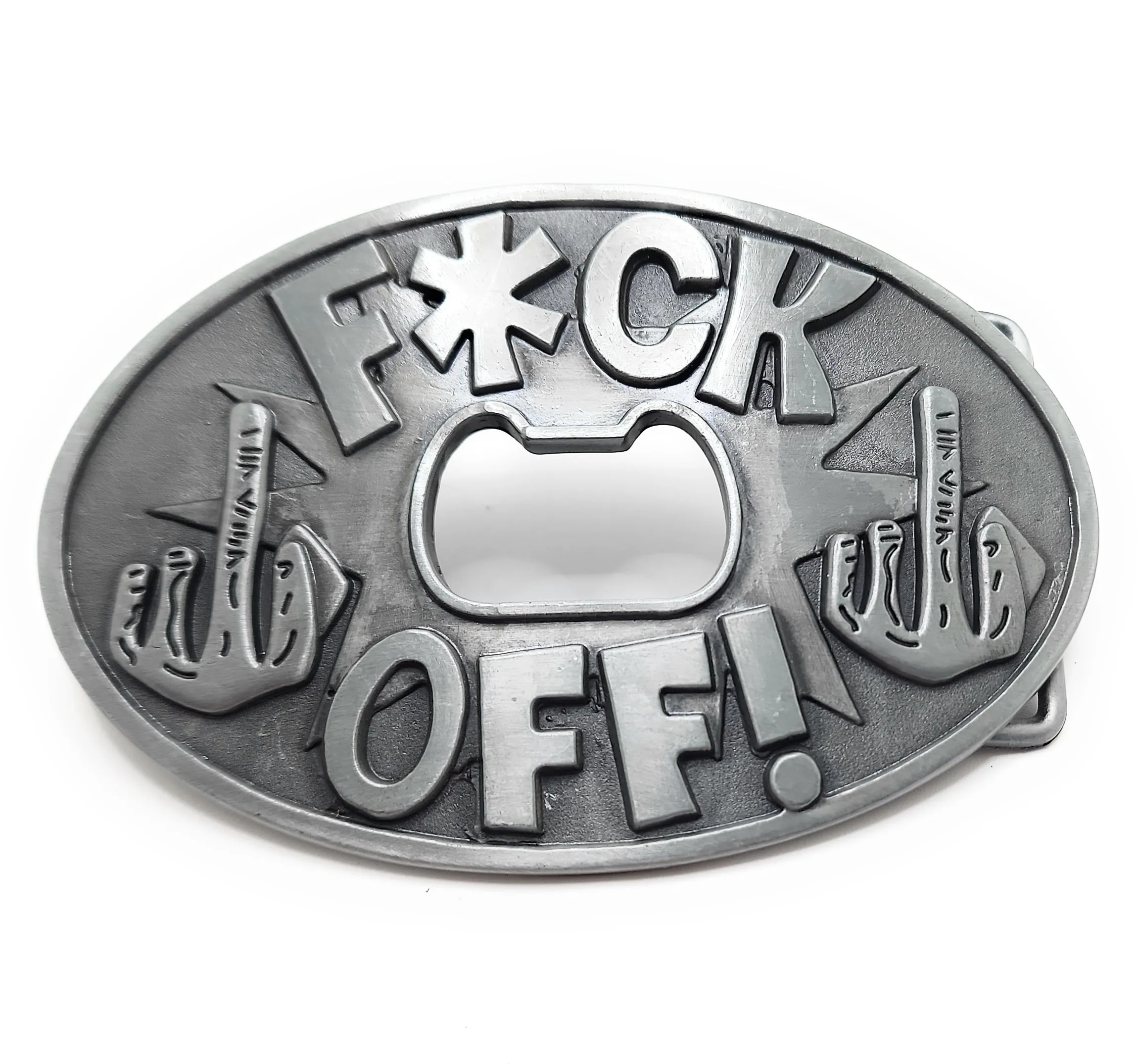 "FUCK OFF!" Middle Finger Belt Buckle Bottle Opener