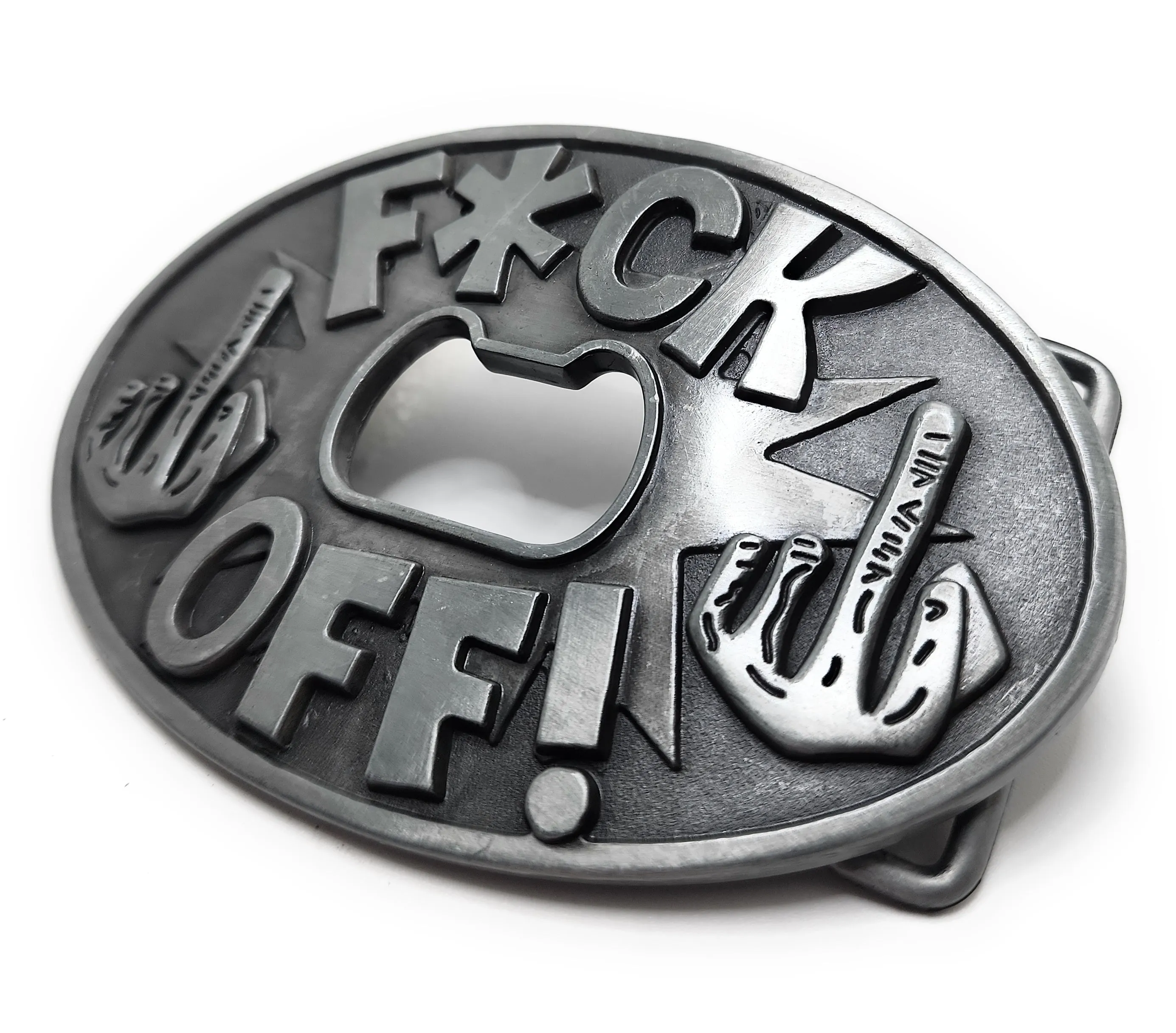 "FUCK OFF!" Middle Finger Belt Buckle Bottle Opener
