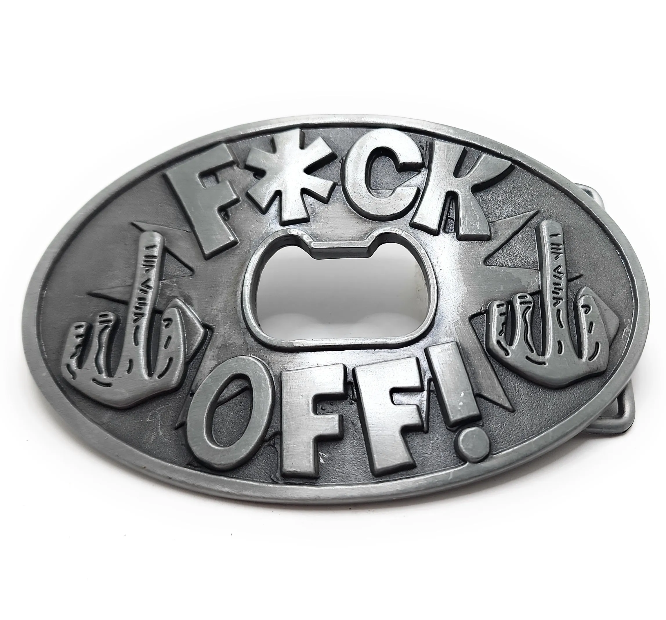 "FUCK OFF!" Middle Finger Belt Buckle Bottle Opener