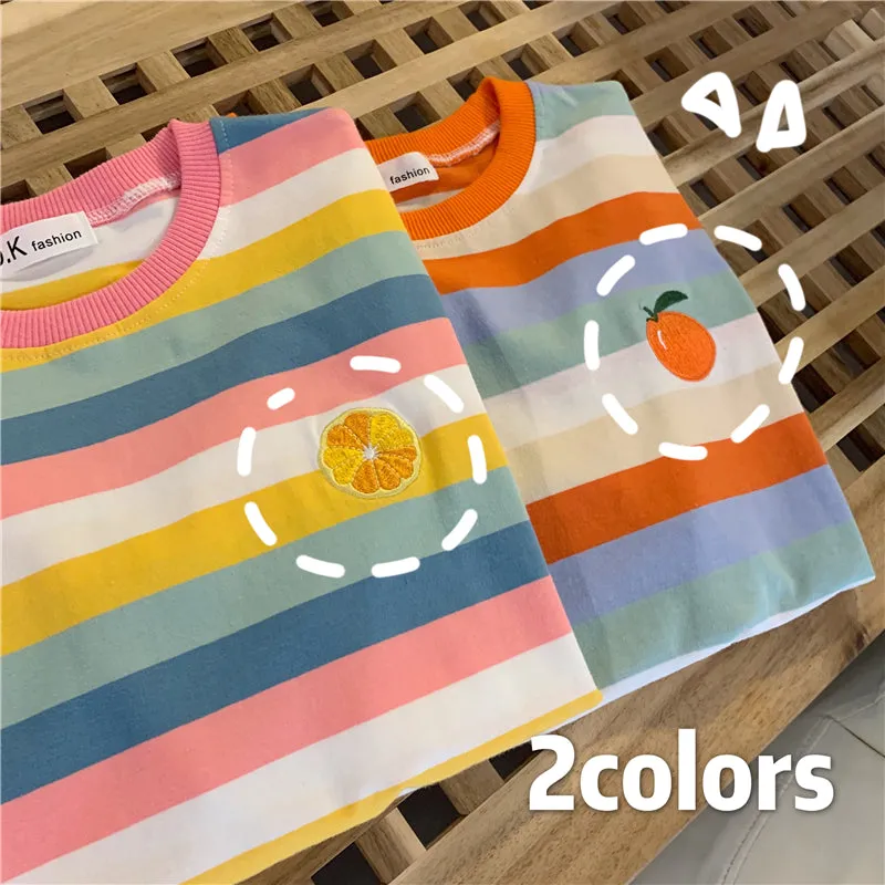 "RAINBOW STRIPED EMBROIDERY FRUITS" T-SHIRT N072209