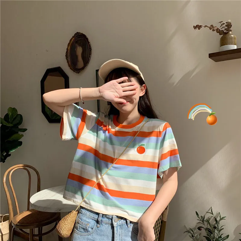 "RAINBOW STRIPED EMBROIDERY FRUITS" T-SHIRT N072209