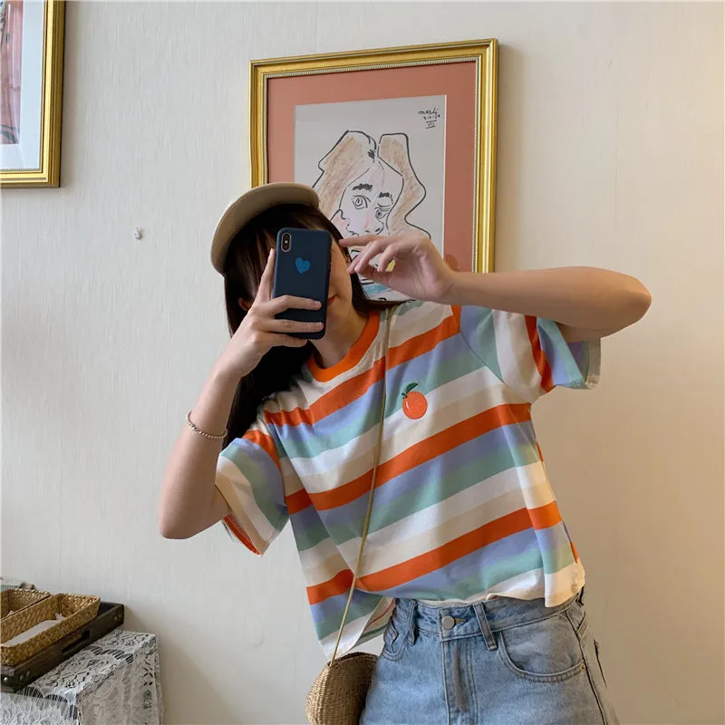 "RAINBOW STRIPED EMBROIDERY FRUITS" T-SHIRT N072209
