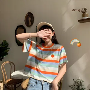 "RAINBOW STRIPED EMBROIDERY FRUITS" T-SHIRT N072209