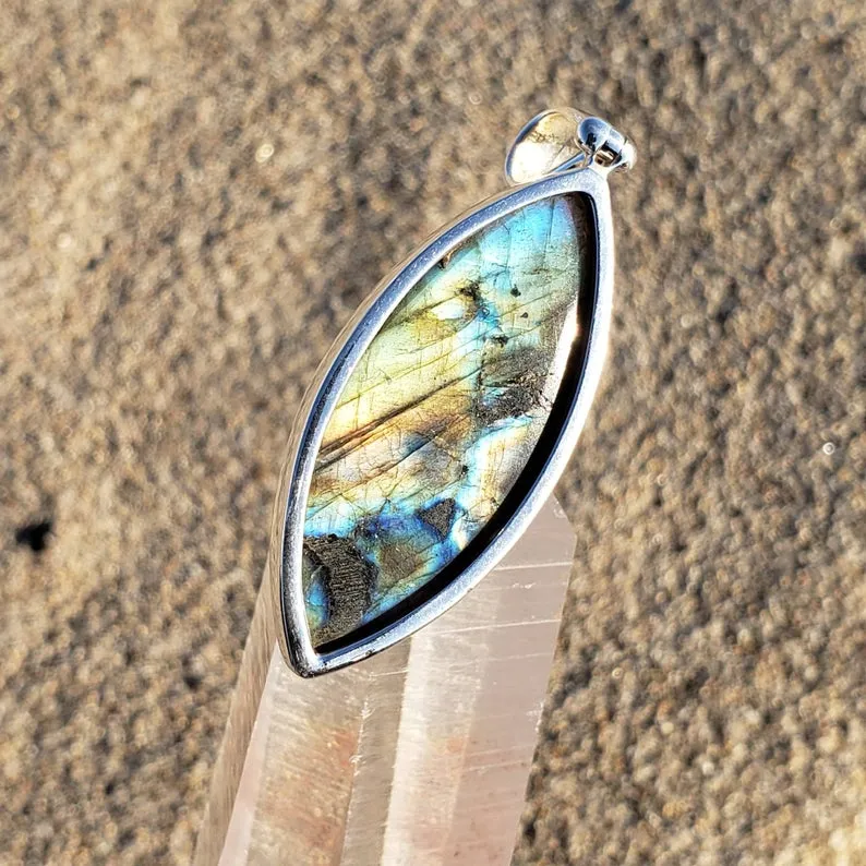 Rainbow Labradorite Marquise Silver Pendant