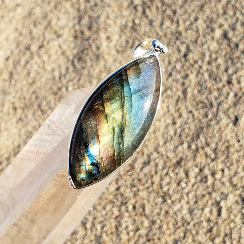 Rainbow Labradorite Marquise Silver Pendant