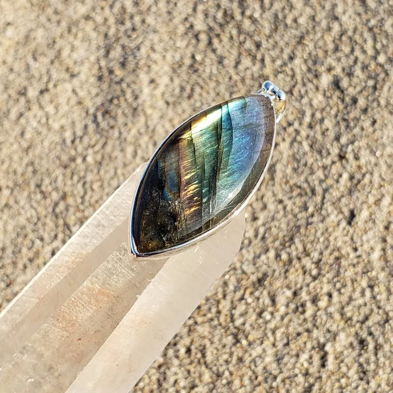 Rainbow Labradorite Marquise Silver Pendant
