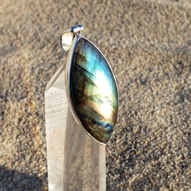 Rainbow Labradorite Marquise Silver Pendant
