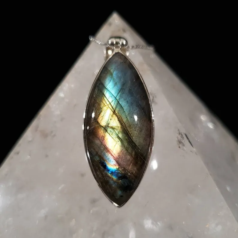 Rainbow Labradorite Marquise Silver Pendant