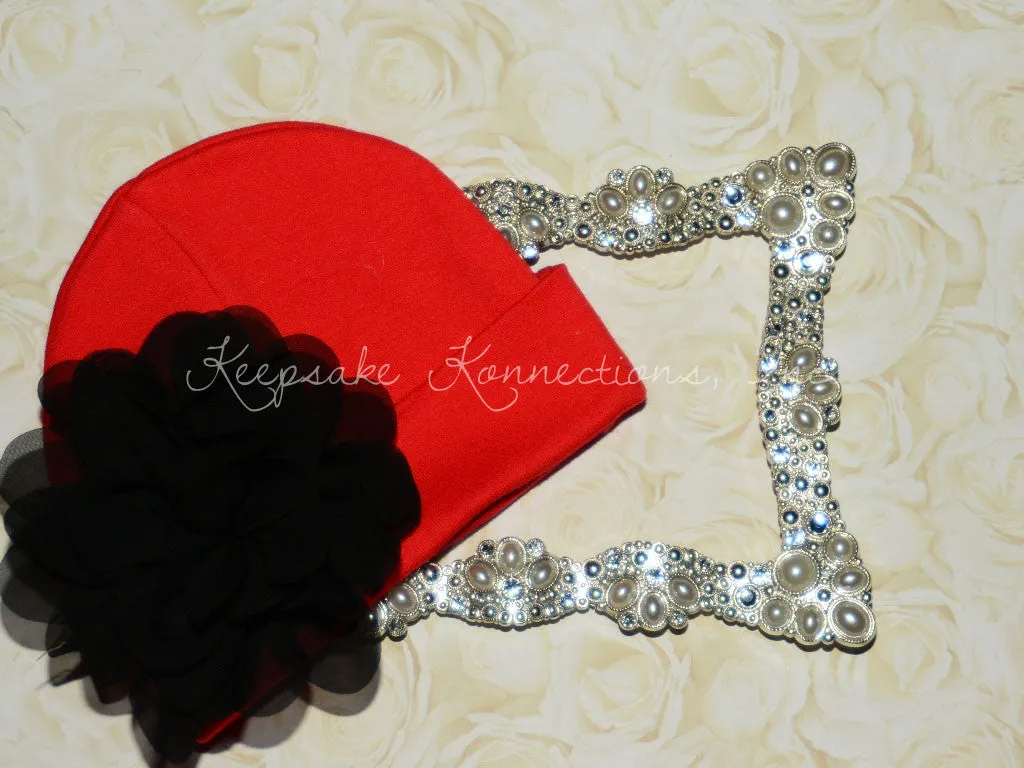 Red Beanie Hat with 4" Chiffon Flower