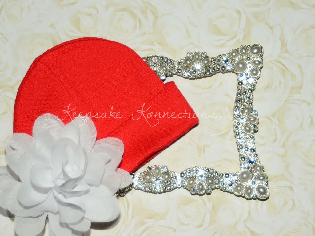 Red Beanie Hat with 4" Chiffon Flower