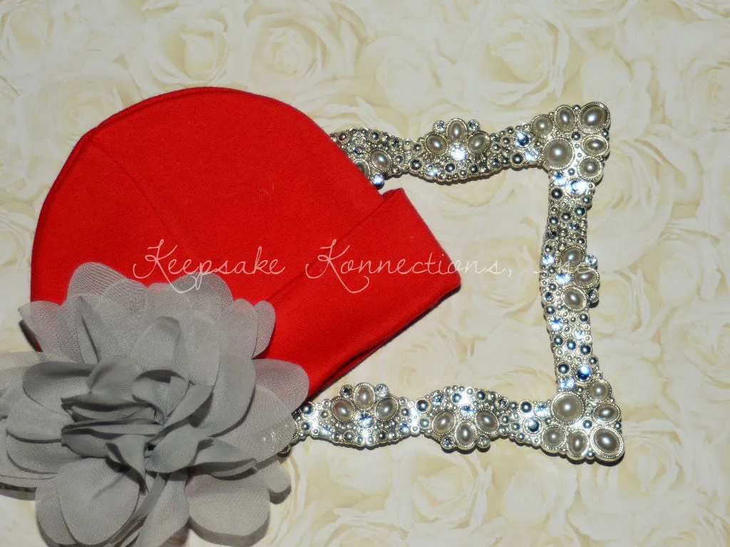 Red Beanie Hat with 4" Chiffon Flower