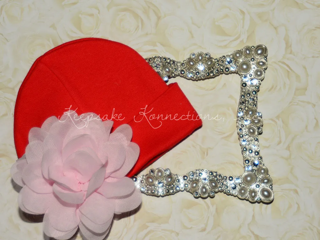 Red Beanie Hat with 4" Chiffon Flower