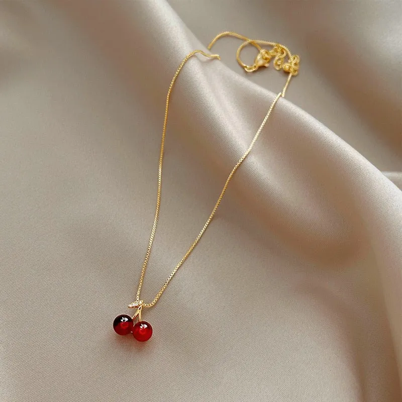 Red Cherry Gold Pendant Necklace For Women Wedding Birthday Gifts Jewelry