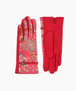 Red Faux Suede Floral Print Gloves