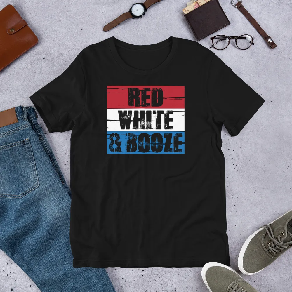 Red White and Booze Fourth of July Short Sleeve Unisex T-shirt (3 Colors)