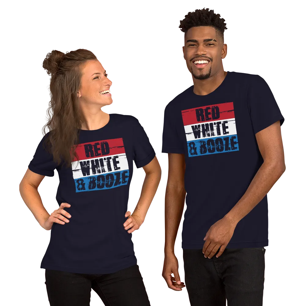 Red White and Booze Fourth of July Short Sleeve Unisex T-shirt (3 Colors)