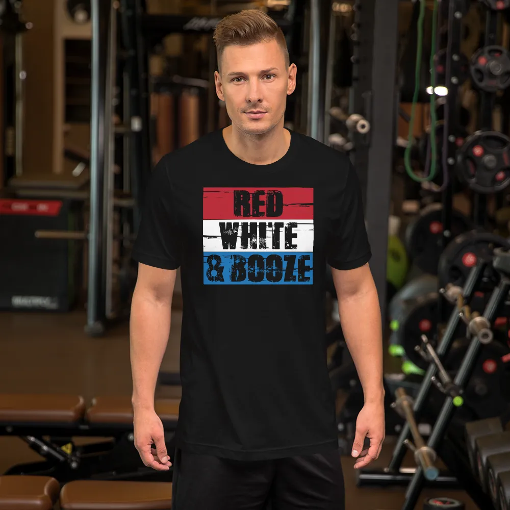 Red White and Booze Fourth of July Short Sleeve Unisex T-shirt (3 Colors)