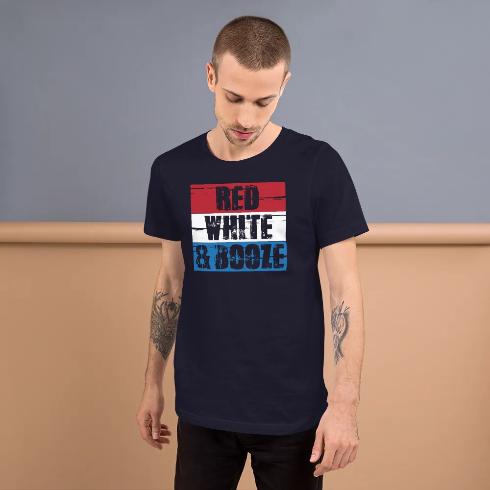 Red White and Booze Fourth of July Short Sleeve Unisex T-shirt (3 Colors)