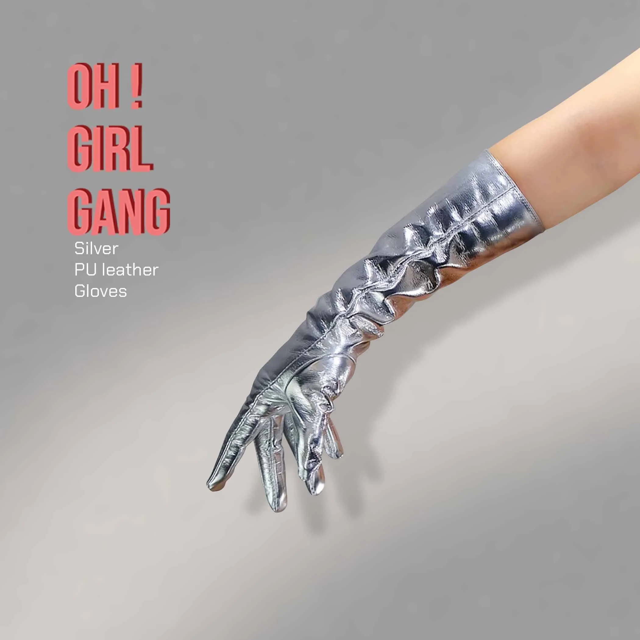 Reflective Shiny Silver PU leather Gloves in all lengths