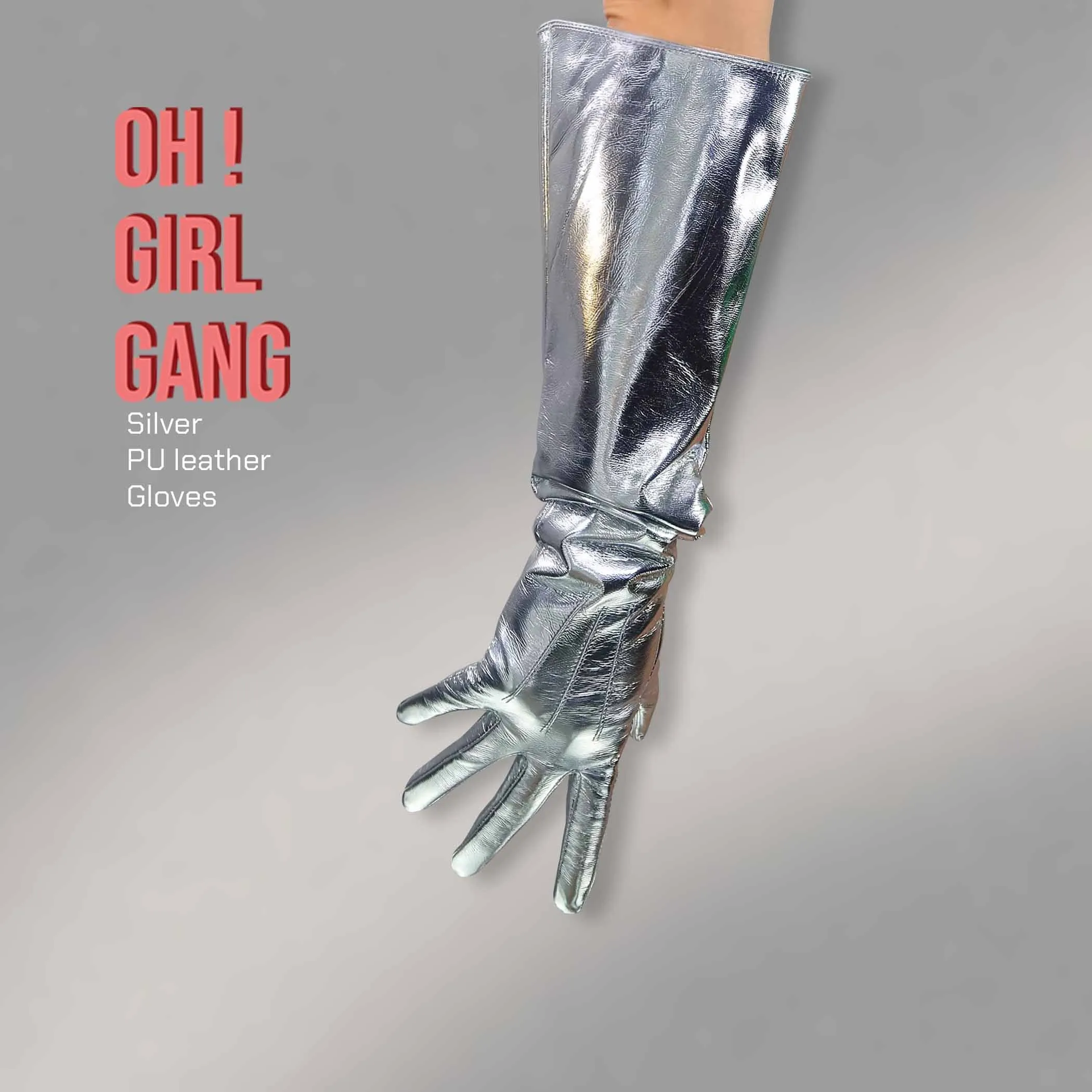 Reflective Shiny Silver PU leather Gloves in all lengths